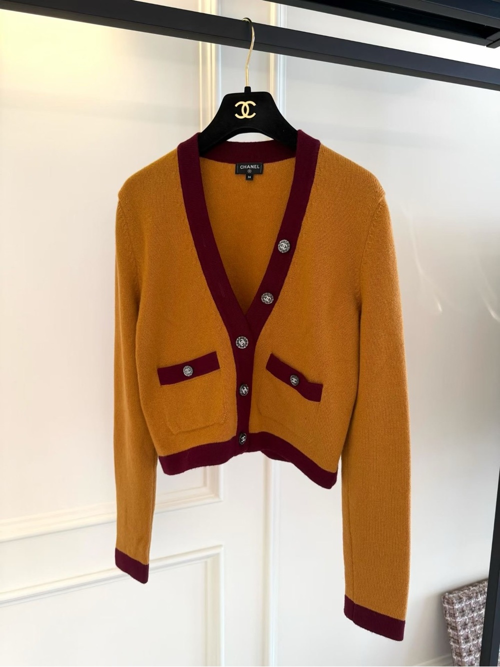 CHANEL Mustard & Burgundy Wool-Blend V-Neck Cardigan